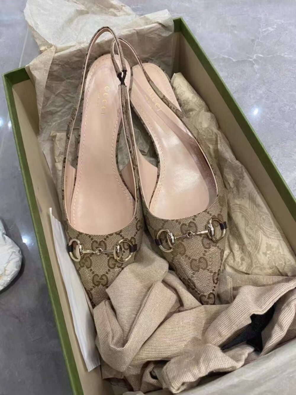 Gucci Beige GG Print Horsebit Slingback Heels